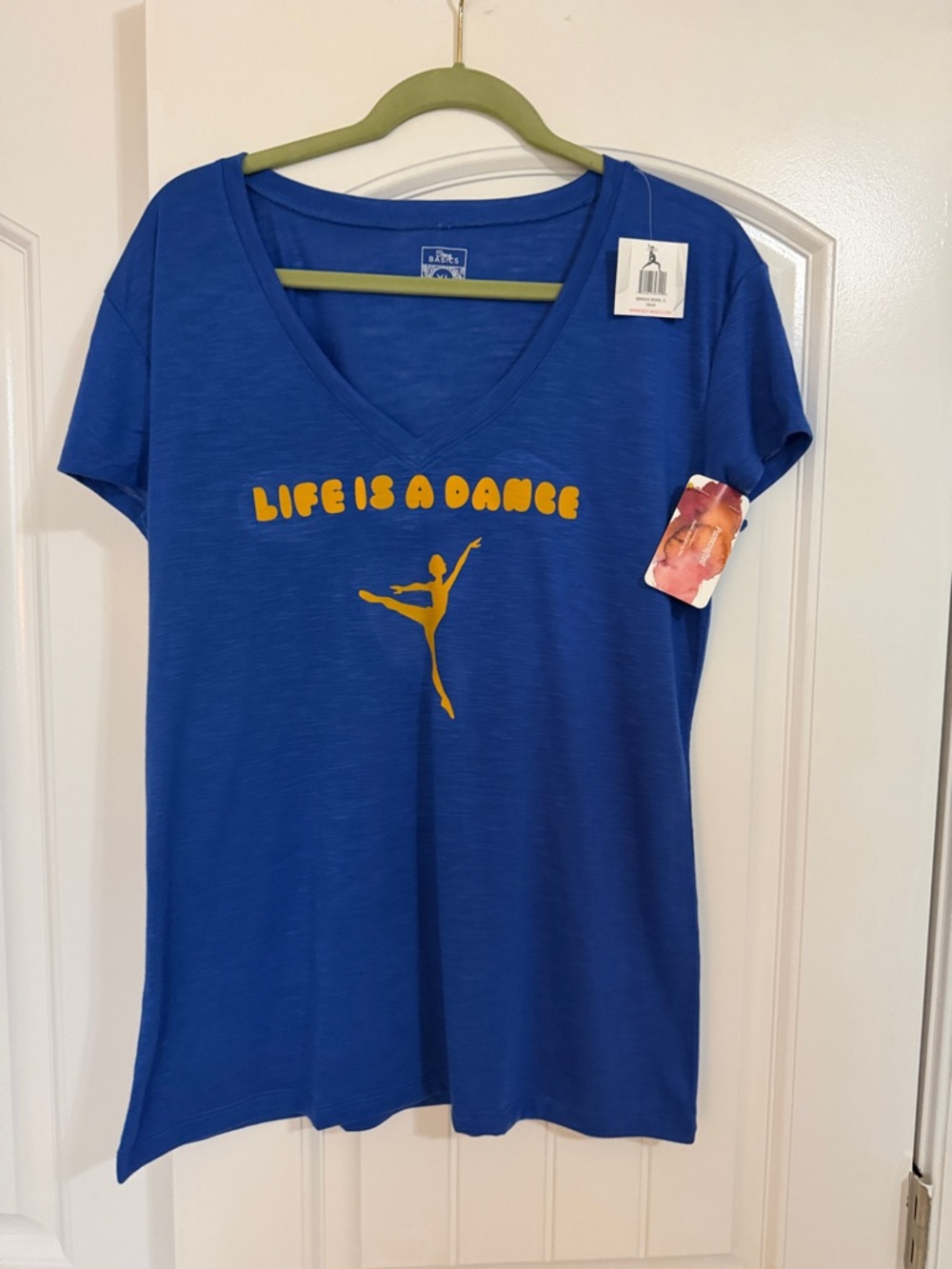 Life Is A Dance Blue V‑Neck Tee with Yellow Graphic - Unbranded